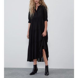 Zara Swiss Dot Long Black Dress w/ Short Sleeves